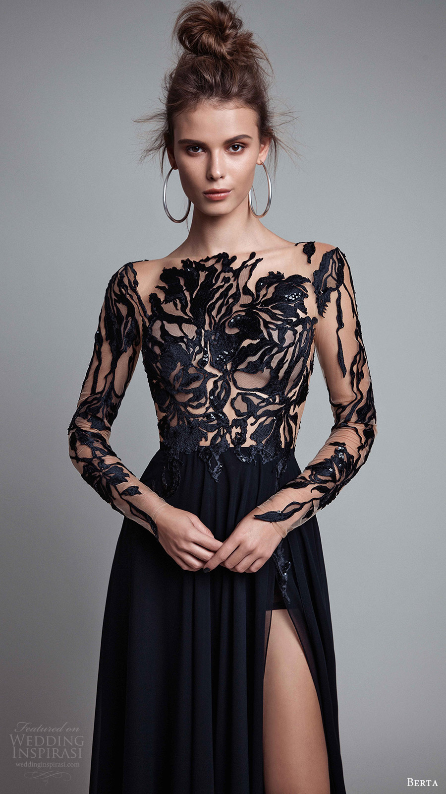 berta rtw fall 2017 (17 24) illusion long sleeves bateau neck a line navy evening dress slit skirt zfv berta rtw fall 2017 (17 24) illusion long sleeves bateau neck a line navy evening dress slit skirt zfv