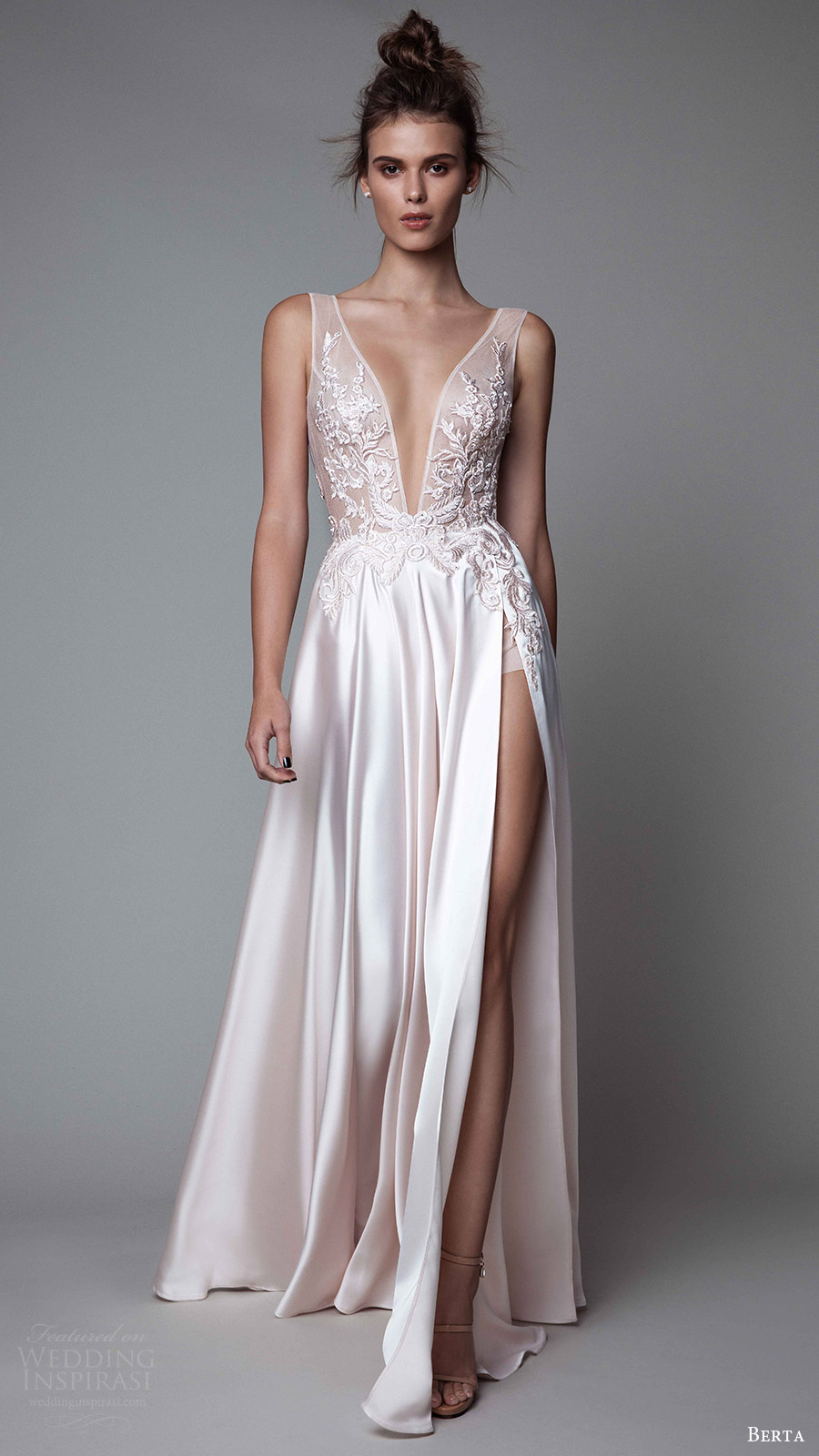 berta rtw fall 2017 (17 26) sleeveless deep vneck a line off white evening wedding dress embroidered bodice mv slit skirt