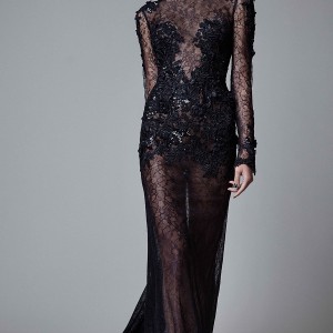berta rtw fall 2017 (17 30) illusion long sleeves bateau neckline sheath evening dress sheer embellished bodice mv train