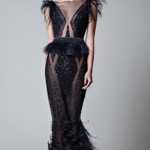 berta rtw fall 2017 (17 35) feather cap sleeves illusion bateau neck sheath embellished illusion bodice evening dress mv