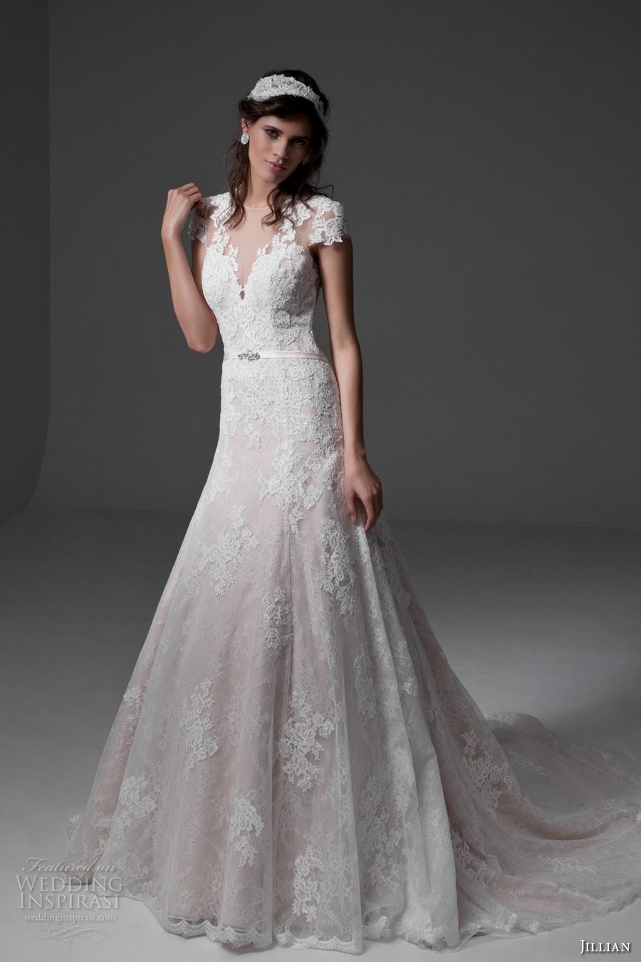 jillian 2017 bridal cap sleeves v neckline full embellishment romantic drop waist blush color a  line wedding dress illusion back chapel train (marina) mv