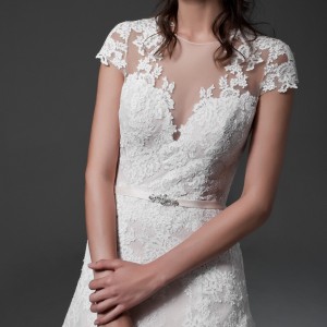 jillian 2017 bridal cap sleeves v neckline full embellishment romantic drop waist blush color a  line wedding dress illusion back chapel train (marina) zv