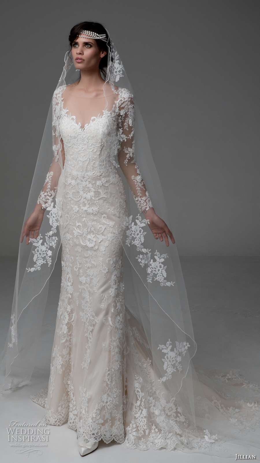 jillian 2017 bridal long sleeves scallop v neck full embellishment elegant lace wedding dress illusion back chapel train (mina) mv
