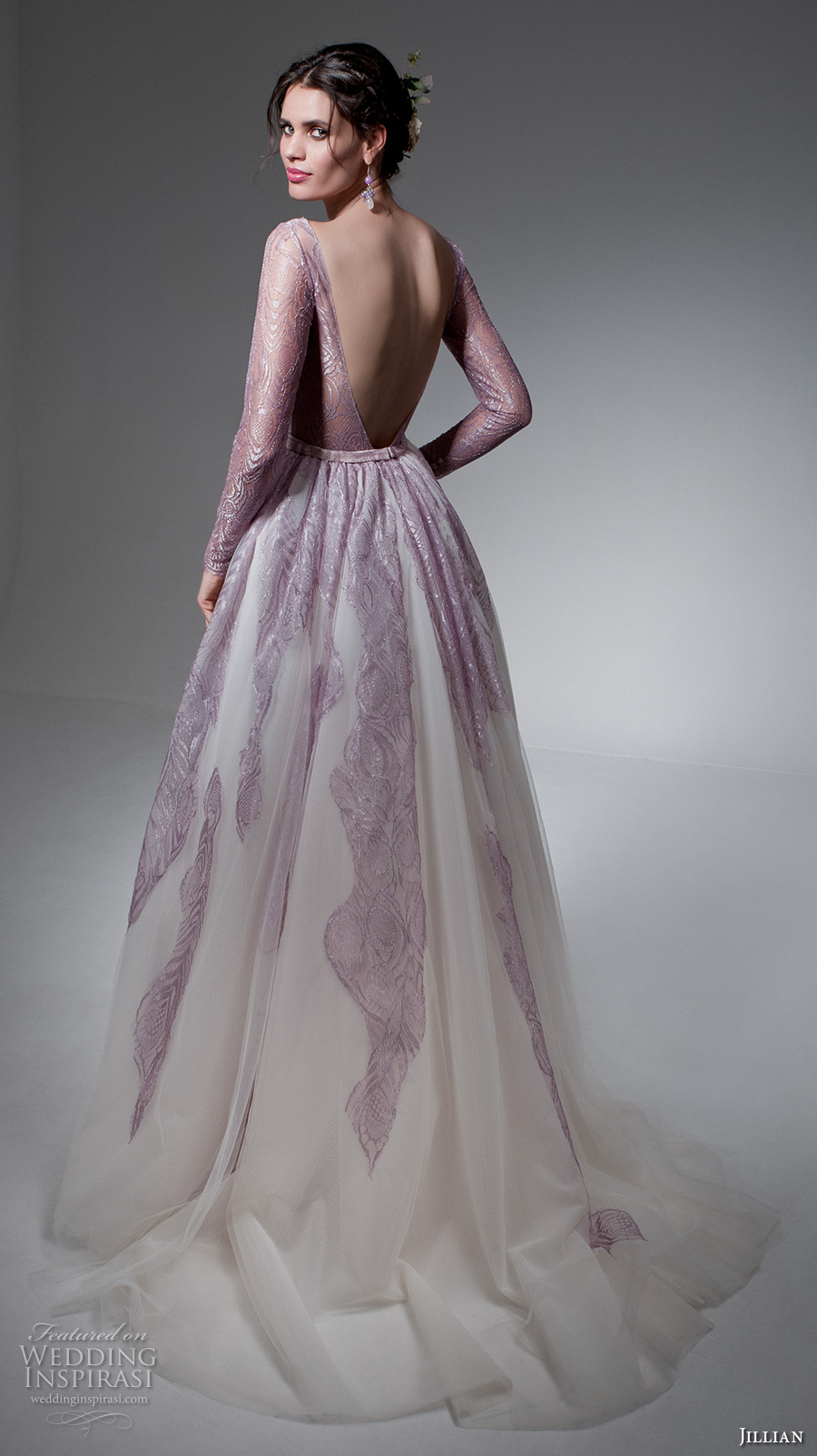 jillian 2017 bridal long sleeves v neck full embellishment lavender color sheath wedding dress a  line overskirt low back sweep train (mara) bv