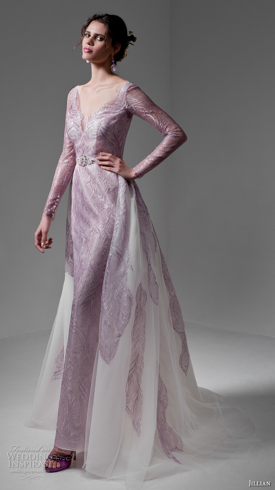 jillian 2017 bridal long sleeves v neck full embellishment lavender color sheath wedding dress a  line overskirt low back sweep train (mara) mv