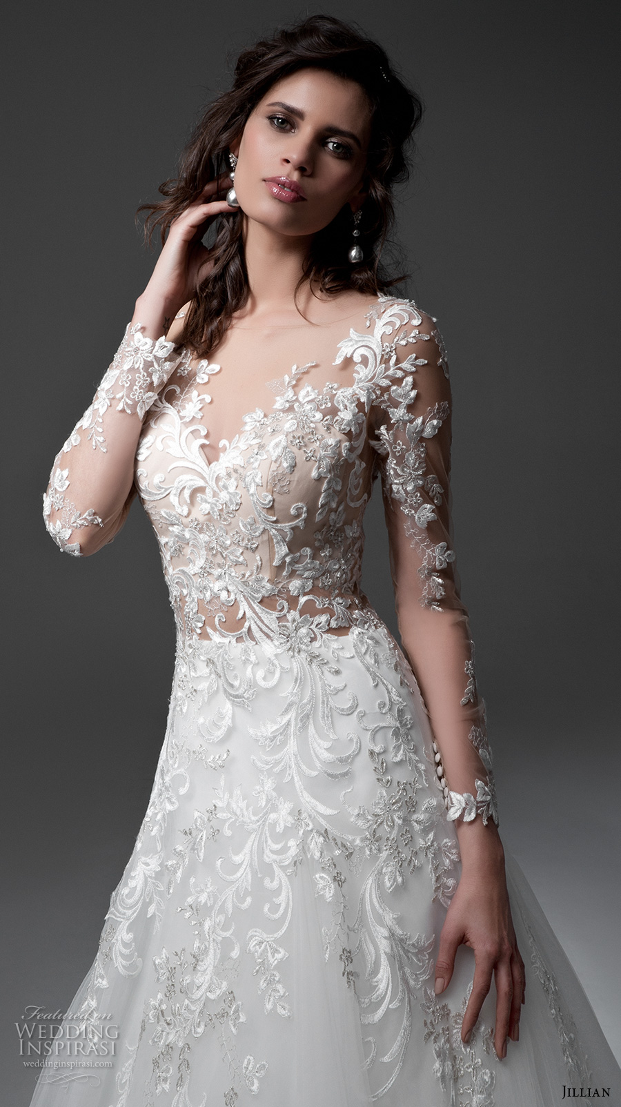 jillian 2017 bridal long sleeves v neck heavily embellished bodice lace embroidered gorgeous elegant a  line wedding dress illusion back chapel train (michela) zv