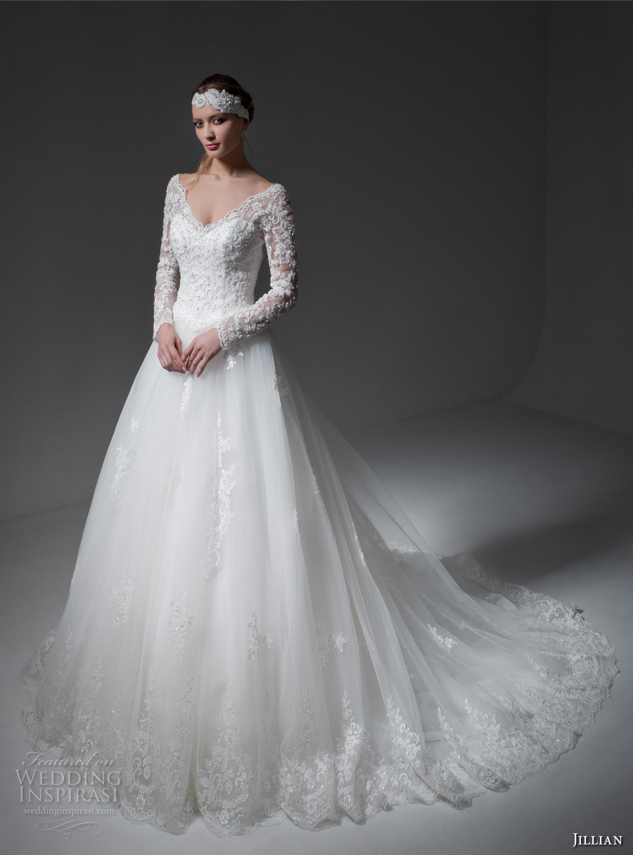 jillian 2017 bridal long sleeves v neck heavily embellished bodice princess a  line wedding dress v back monarch train (melody) mv