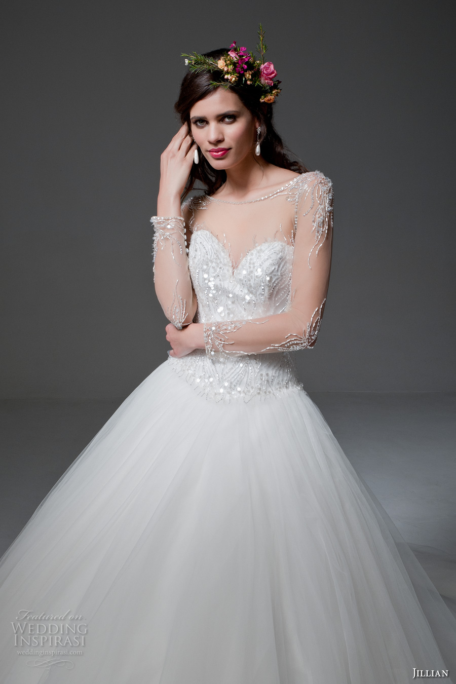 jillian 2017 bridal sheer long sleeves illusion bateau sweetheart neckline heavily embellished bodice tulle skirt princess ball gown wedding dress sheer back royal train (maura) zv