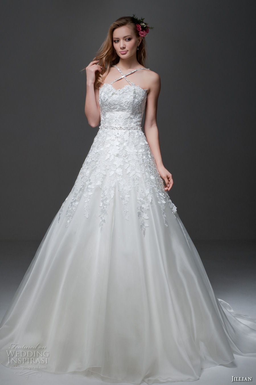 jillian 2017 bridal sleeveless cross strap sweetheart neckline heavily embellished bodice romantic a  line wedding dress chapel train (misha) mv