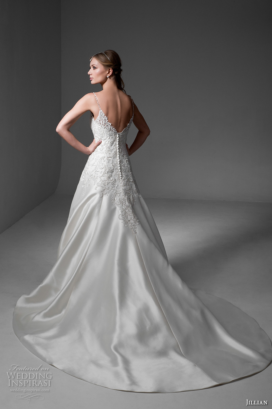 jillian 2017 bridal sleeveless spagetti strap v neck heavily embellished bodice satin glamorous a  line wedding dress v back chapel train (maria) bv