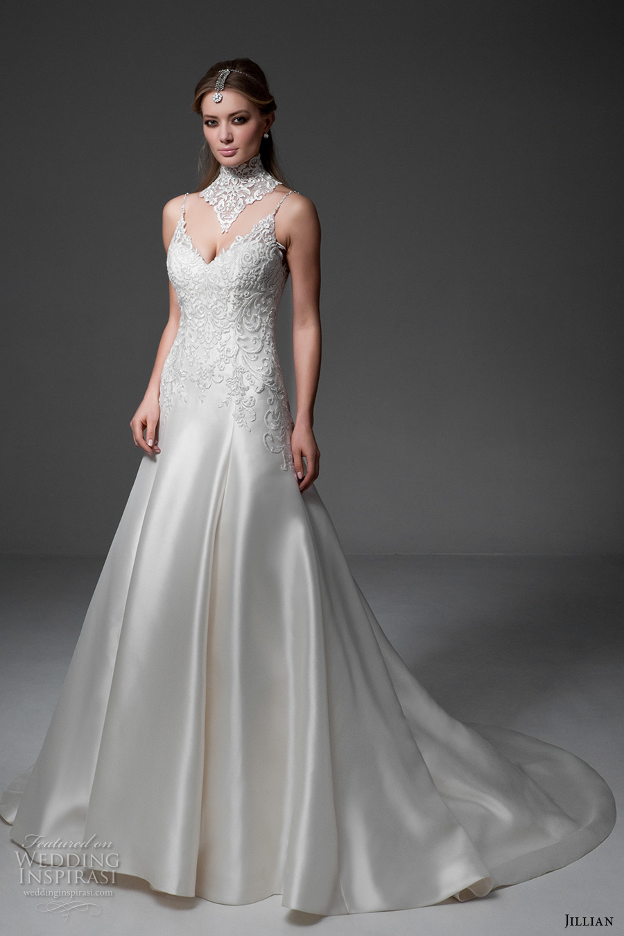 jillian 2017 bridal sleeveless spagetti strap v neck heavily embellished bodice satin glamorous a  line wedding dress v back chapel train (maria) mv