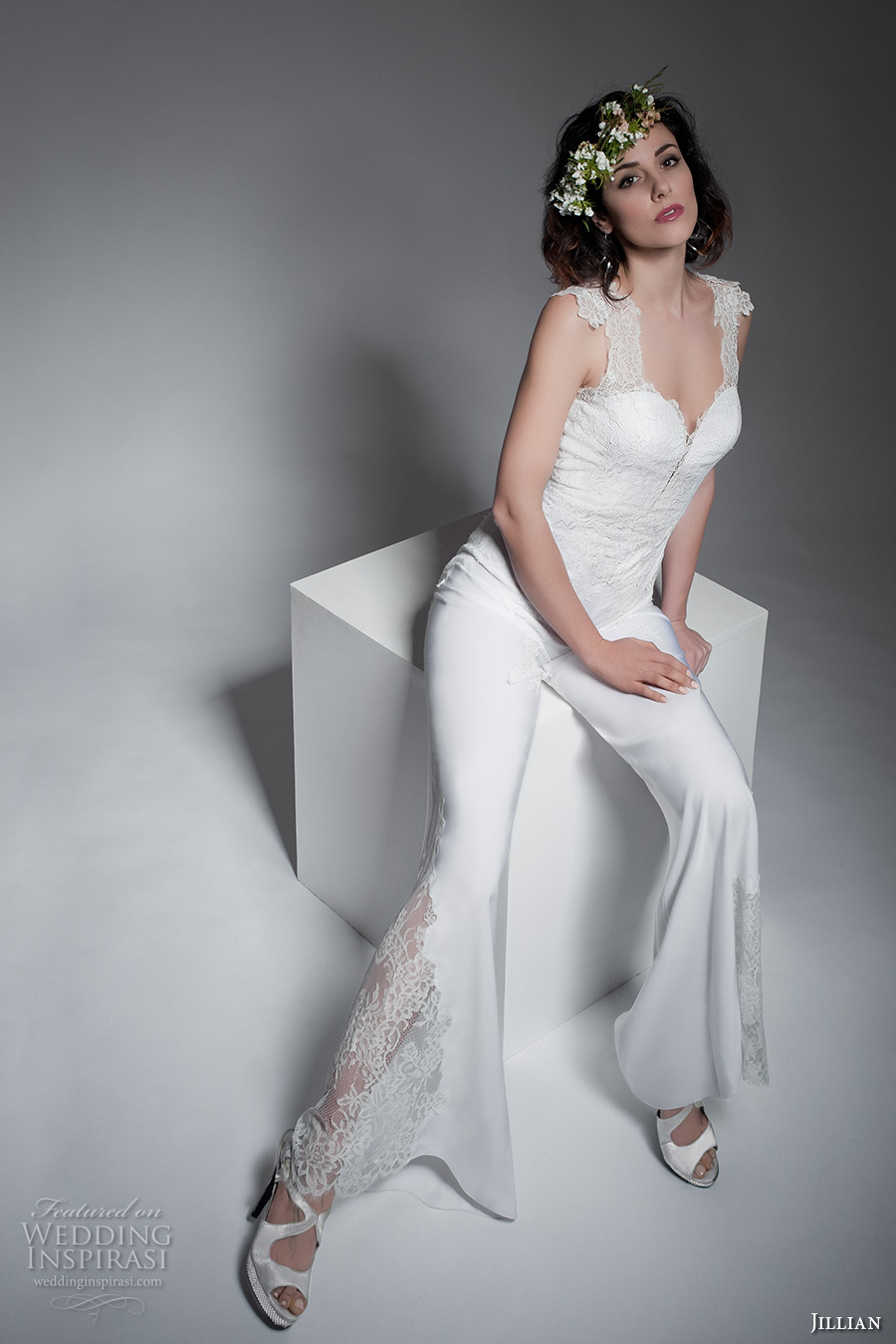 jillian 2017 bridal sleeveless thick straps sweetheart neckline heavily embellished top and pants sophiscated wedding dress illusion back (maeva) mv