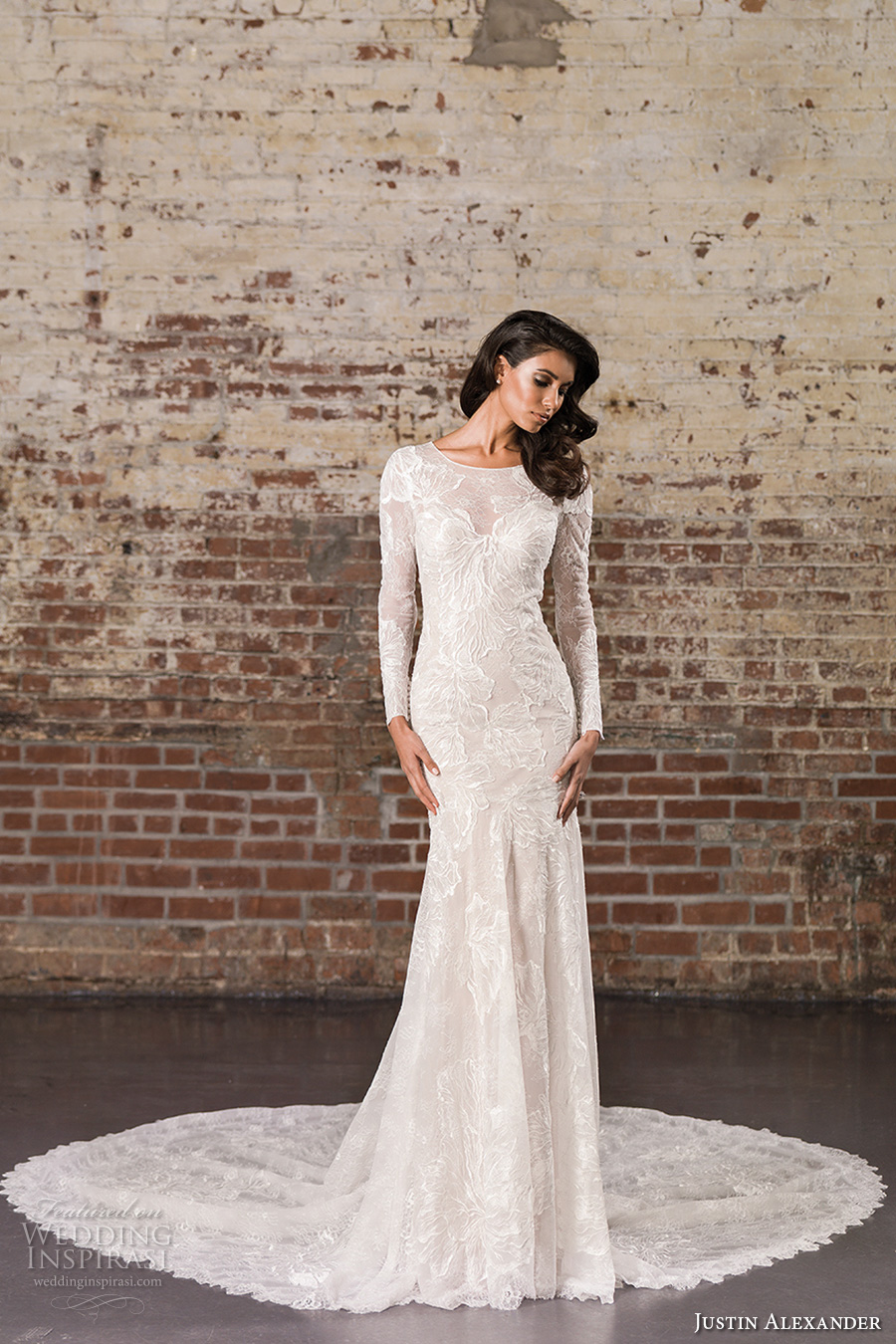 justin alexander spring 2017 bridal long sleeves jewel neckline full embellishment elegant lace fit and flare wedding dress illusion back royal train (9856) mv justin alexander spring 2017 bridal long sleeves jewel neckline full embellishment elegant lace fit and flare wedding dress illusion back royal train (9856) mv