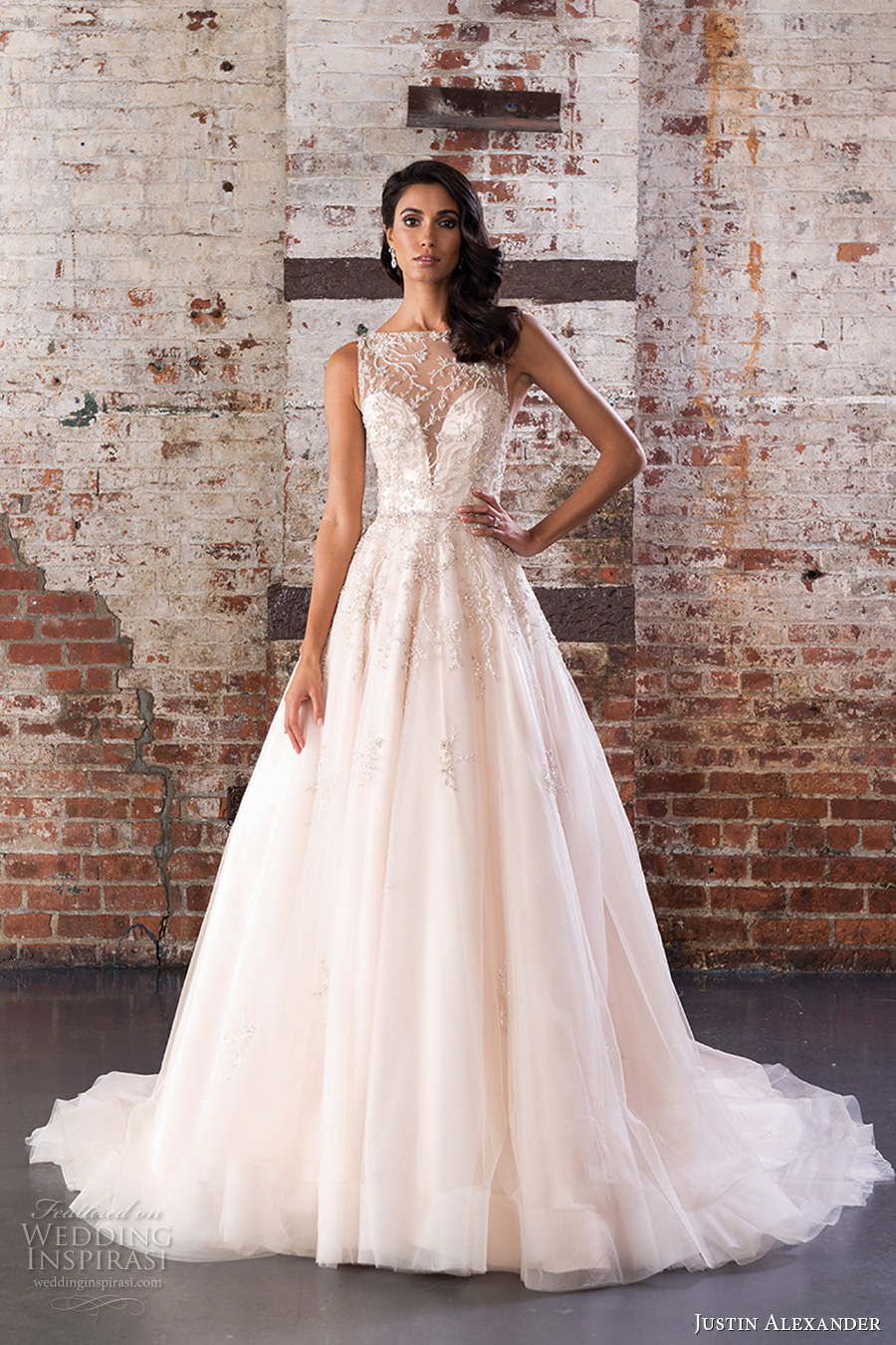 justin alexander spring 2017 bridal sleeveless illusion bateau neckline sweetheart deep plunging neckline pretty romantic a  line wedding dress v back chapel train (9848) mv