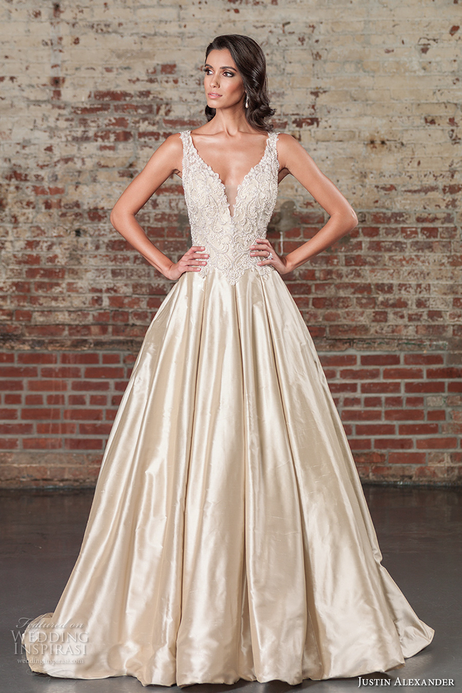 justin alexander spring 2017 bridal sleeveless thick strap deep plunging v neck heavily embellished bodice satin skirt champagne color elegant a  line wedding dress v back chapel train (9855) mv