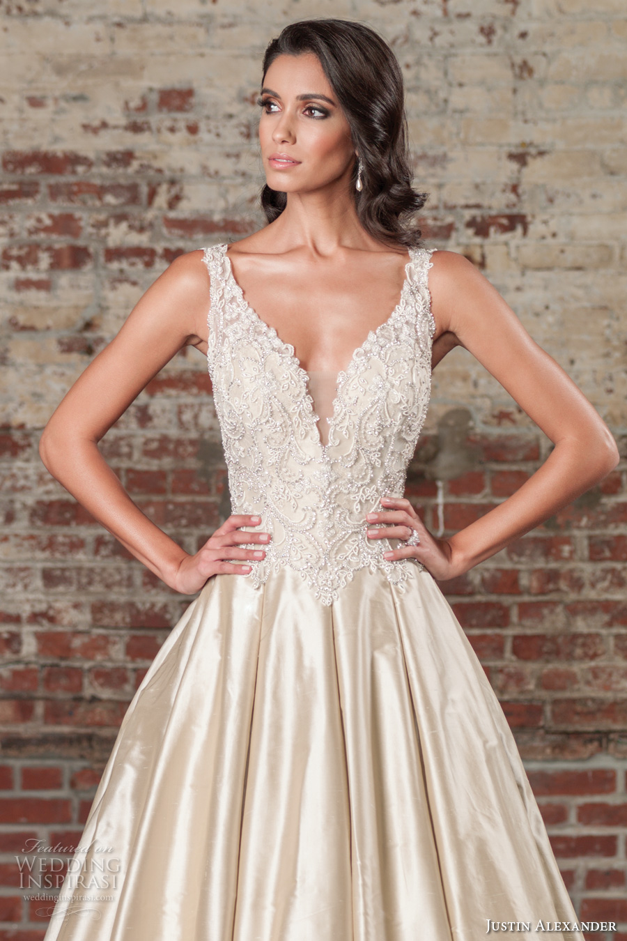 justin alexander spring 2017 bridal sleeveless thick strap deep plunging v neck heavily embellished bodice satin skirt champagne color elegant a  line wedding dress v back chapel train (9855) zv