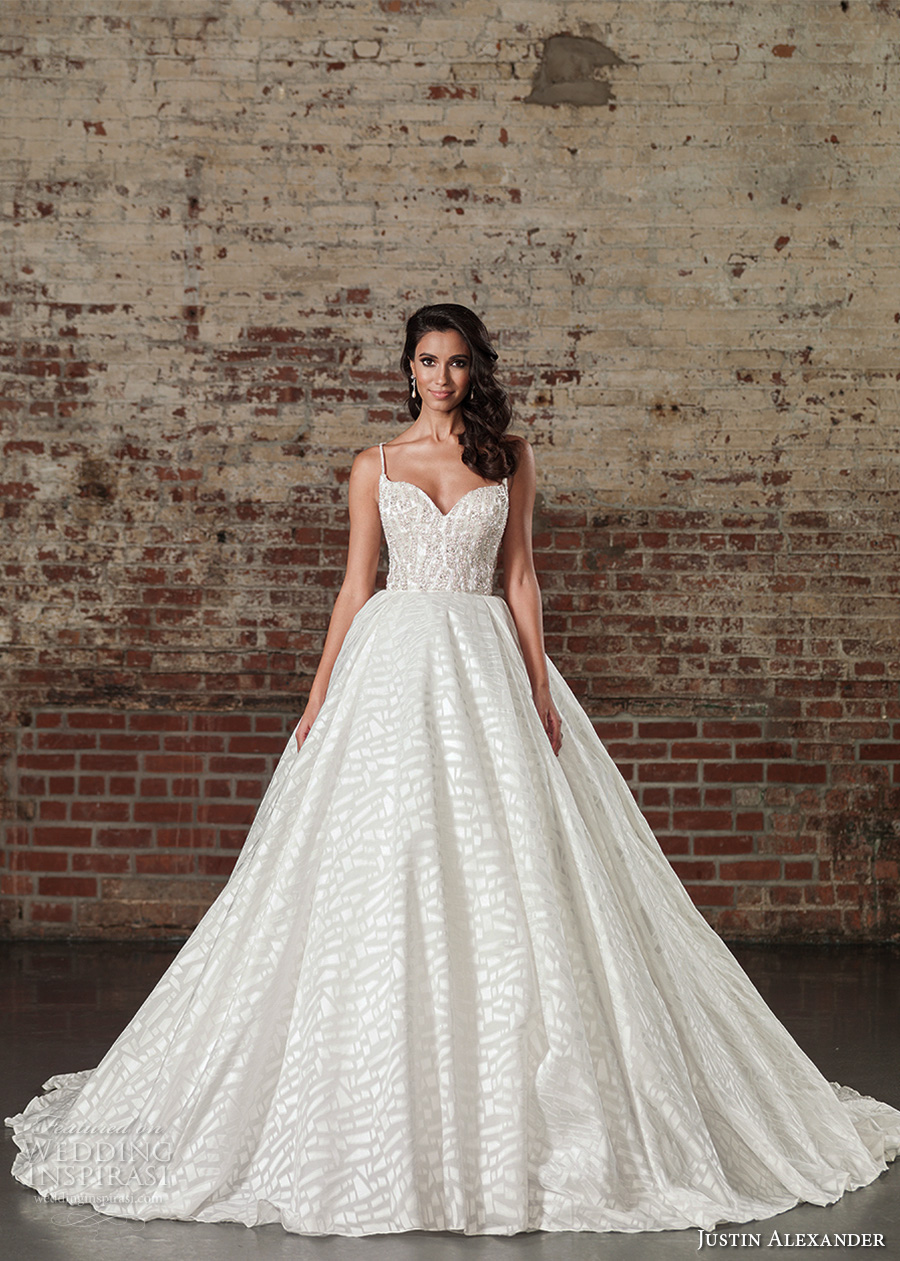 justin alexander spring 2017 bridal spagetti strap sweetheart neckline heavily embellished bodice princess ball gown a  line wedding dress long monarch train (9864) mv