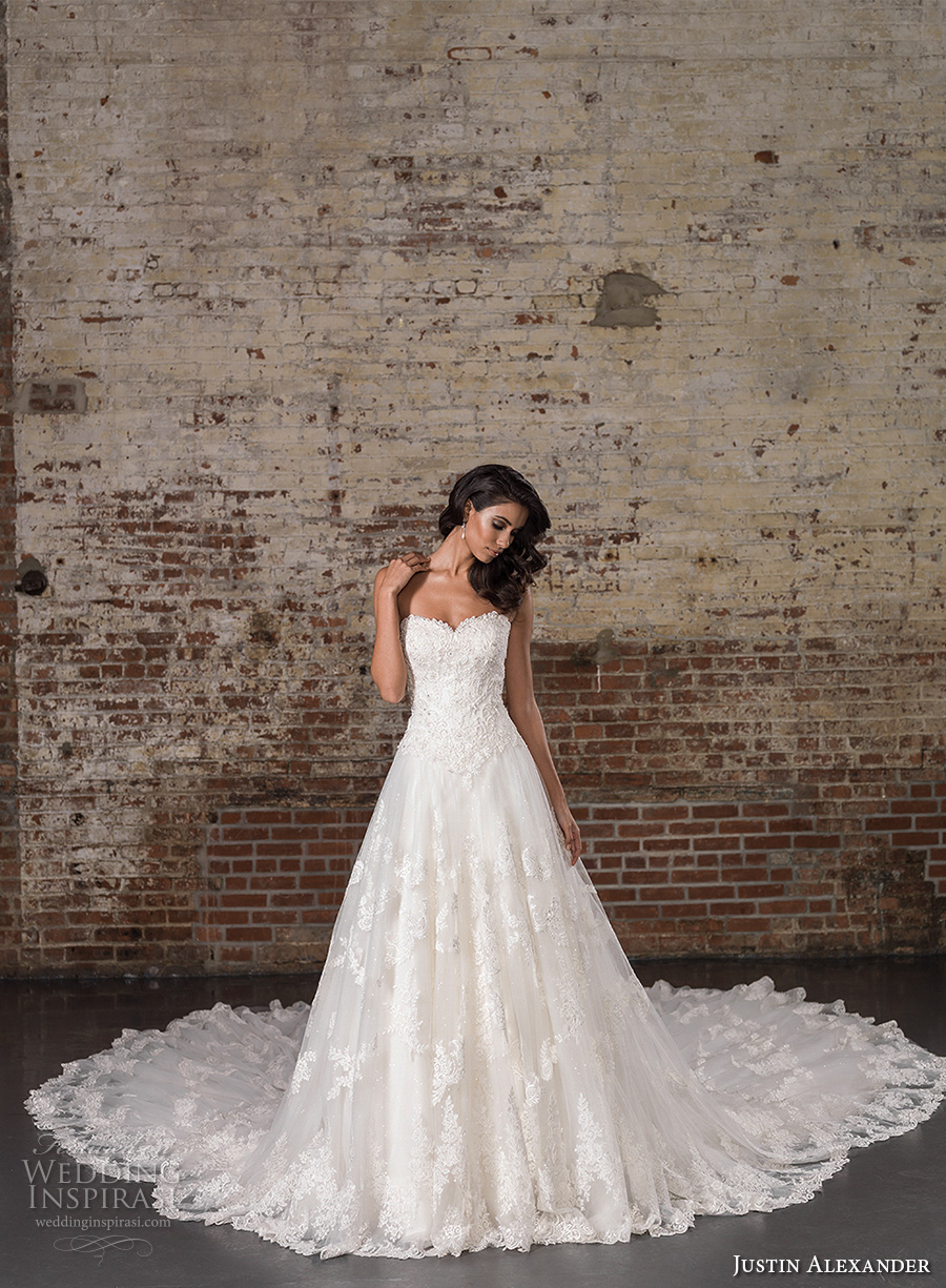 justin alexander spring 2017 bridal strapless sweetheart neckline heavily embellished bodice classic lace a line wedding dress long train (9860) mv justin alexander spring 2017 bridal strapless sweetheart neckline heavily embellished bodice classic lace a line wedding dress long train (9860) mv