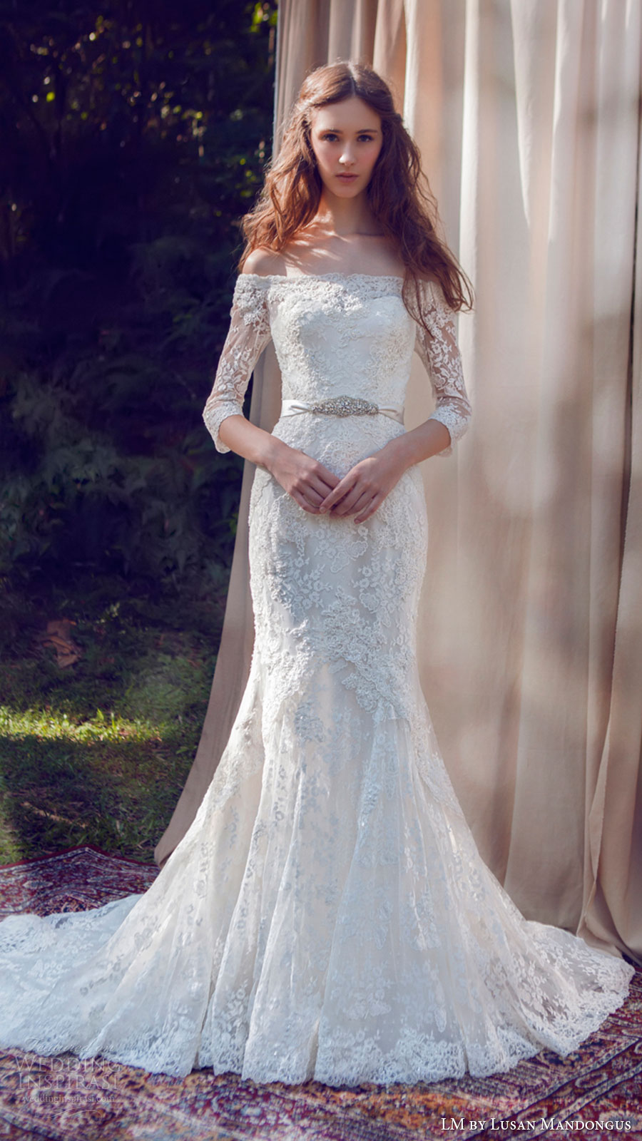 lm lusan mandongus bridal 2017 off shoulder illusion 3 quarter sleeves lace sheath wedding dress (lm3246b) mv train