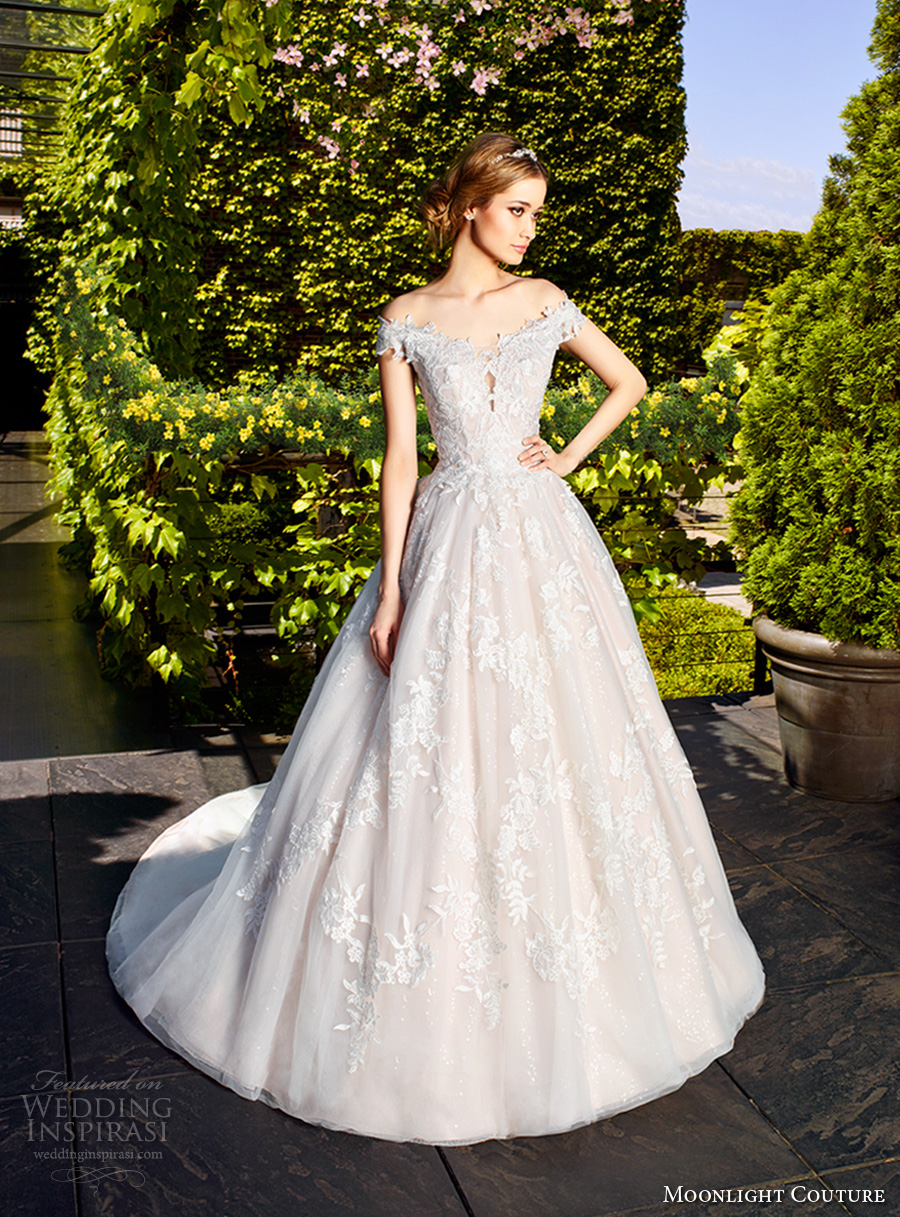 moonlight couture spring 2017 bridal off the shoulder heavily embellished bodice gorgeous romantic princess a line wedding dress lace back chapel train (h1323) mv moonlight couture spring 2017 bridal off the shoulder heavily embellished bodice gorgeous romantic princess a line wedding dress lace back chapel train (h1323) mv