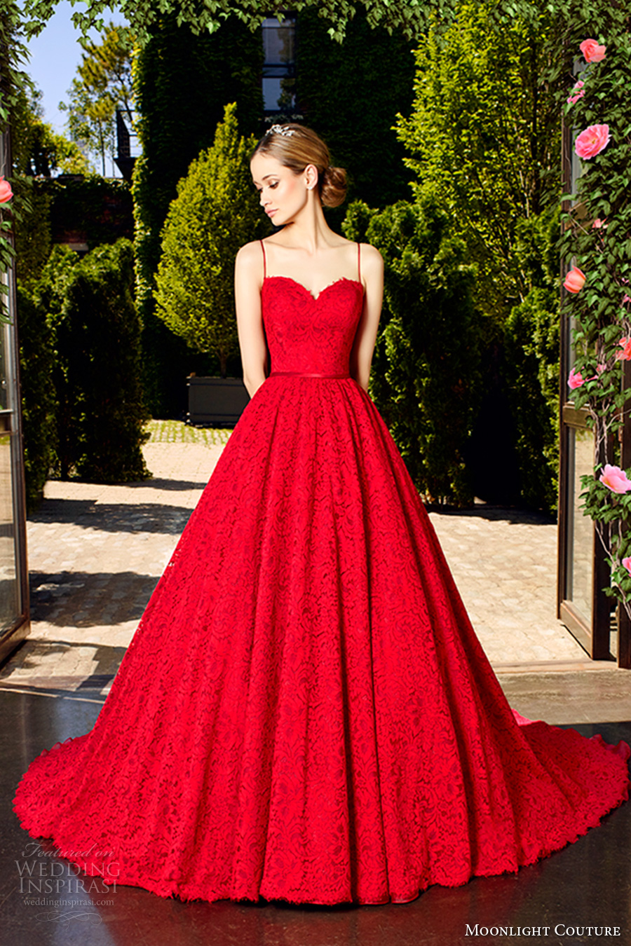 moonlight couture spring 2017 bridal spagetti strap sweetheart neckline full embellishment romantic princess red color a  line wedding dress v back chapel train (h1321) mv