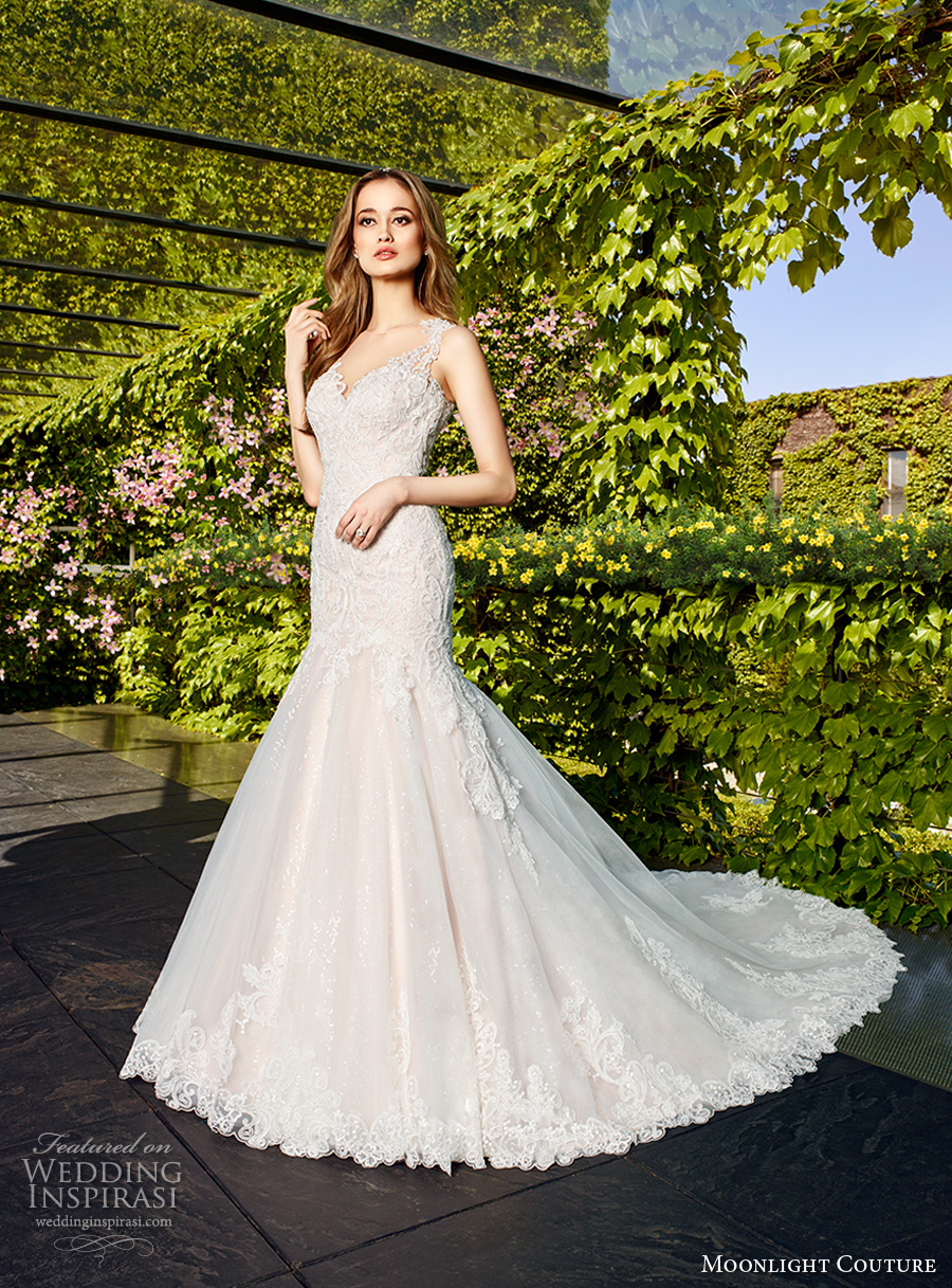 moonlight couture spring 2017 bridal thick strap sweetheart neckline heavily embellished bodice elegant mermaid wedding dress illusion back chapel train (h1326) mv