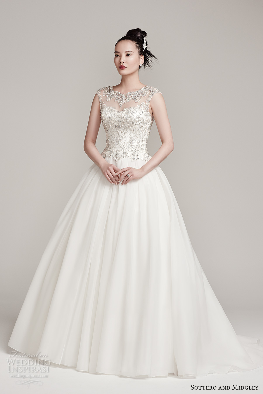 sottero midgley fall 2016 bridal cap sleeves illusion scallop round neckline sweetheart neckline heavily embellished princess ball gown a  line wedding dress sweep train (monaco) mv