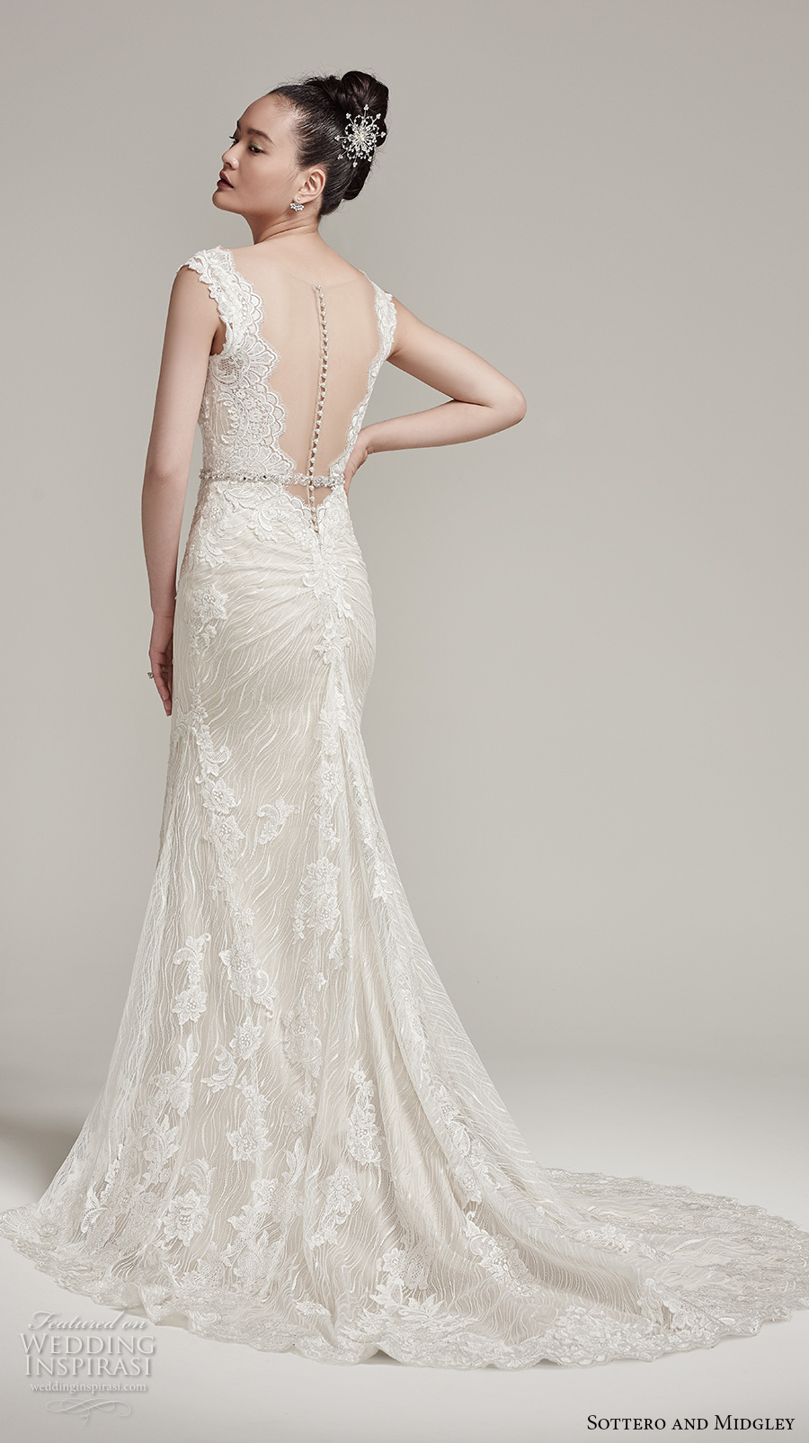 sottero midgley fall 2016 bridal cap sleeves scallop deep plunging v neckline full embellishment gorgeous elegant sexy fit and flare mermaid wedding dress sheer low back sweep train (wyatt) bv