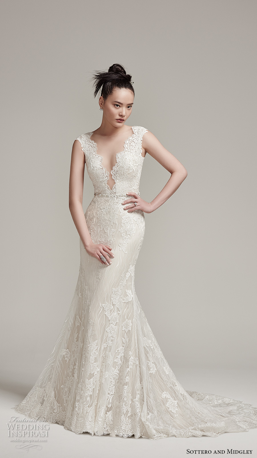 sottero midgley fall 2016 bridal cap sleeves scallop deep plunging v neckline full embellishment gorgeous elegant sexy fit and flare mermaid wedding dress sheer low back sweep train (wyatt) mv