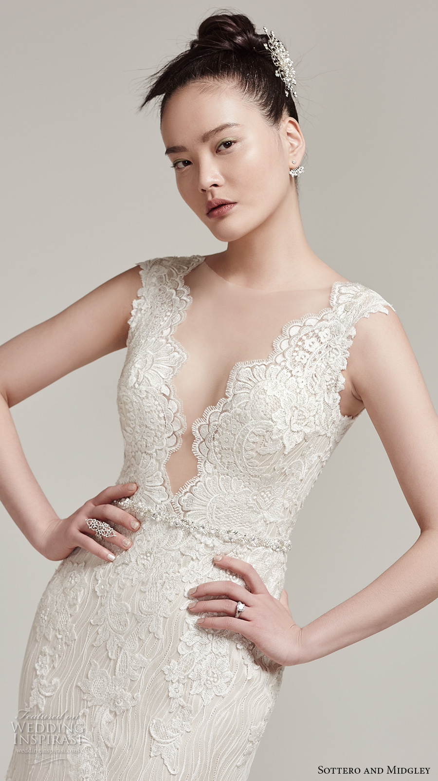 sottero midgley fall 2016 bridal cap sleeves scallop deep plunging v neckline full embellishment gorgeous elegant sexy fit and flare mermaid wedding dress sheer low back sweep train (wyatt) zv