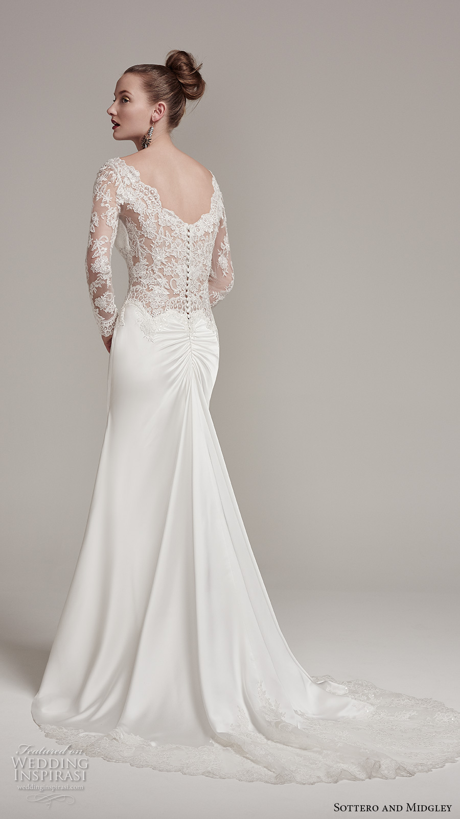 sottero midgley fall 2016 bridal long sleeves bateau neckline heavily embellished bodice satin skirt elegant sexy sheath wedding dress illusion back sweep train (fiona rose) bv