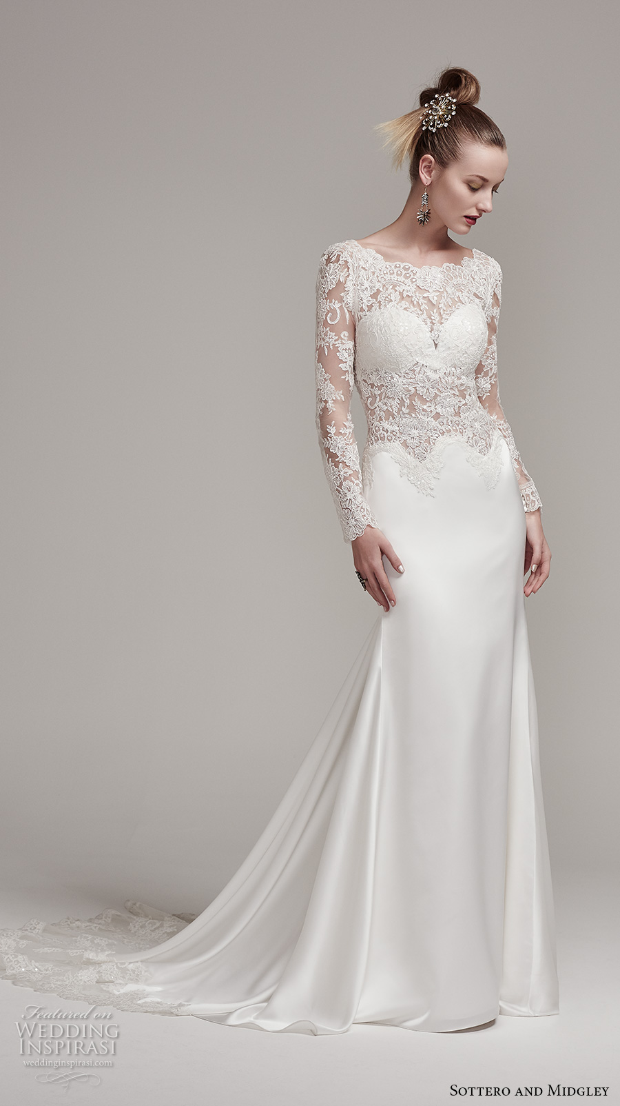 sottero midgley fall 2016 bridal long sleeves bateau neckline heavily embellished bodice satin skirt elegant sexy sheath wedding dress illusion back sweep train (fiona rose) mv