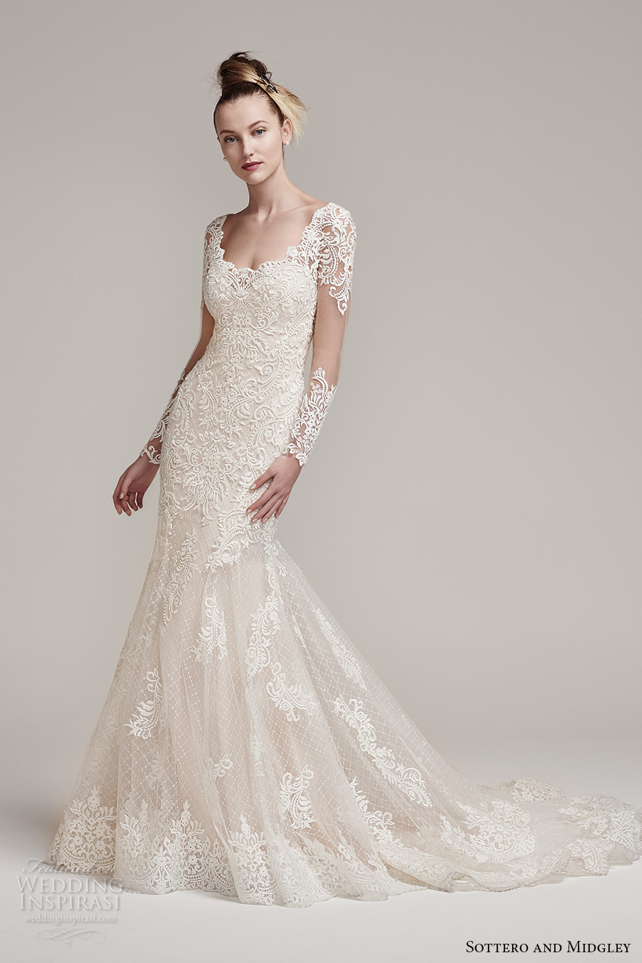 sottero midgley fall 2016 bridal long sleeves scoop neckline heavily emebllished bodice gorgeous elegant fit and flare mermaid wedding dress keyhole back chapel train (melrose) mv