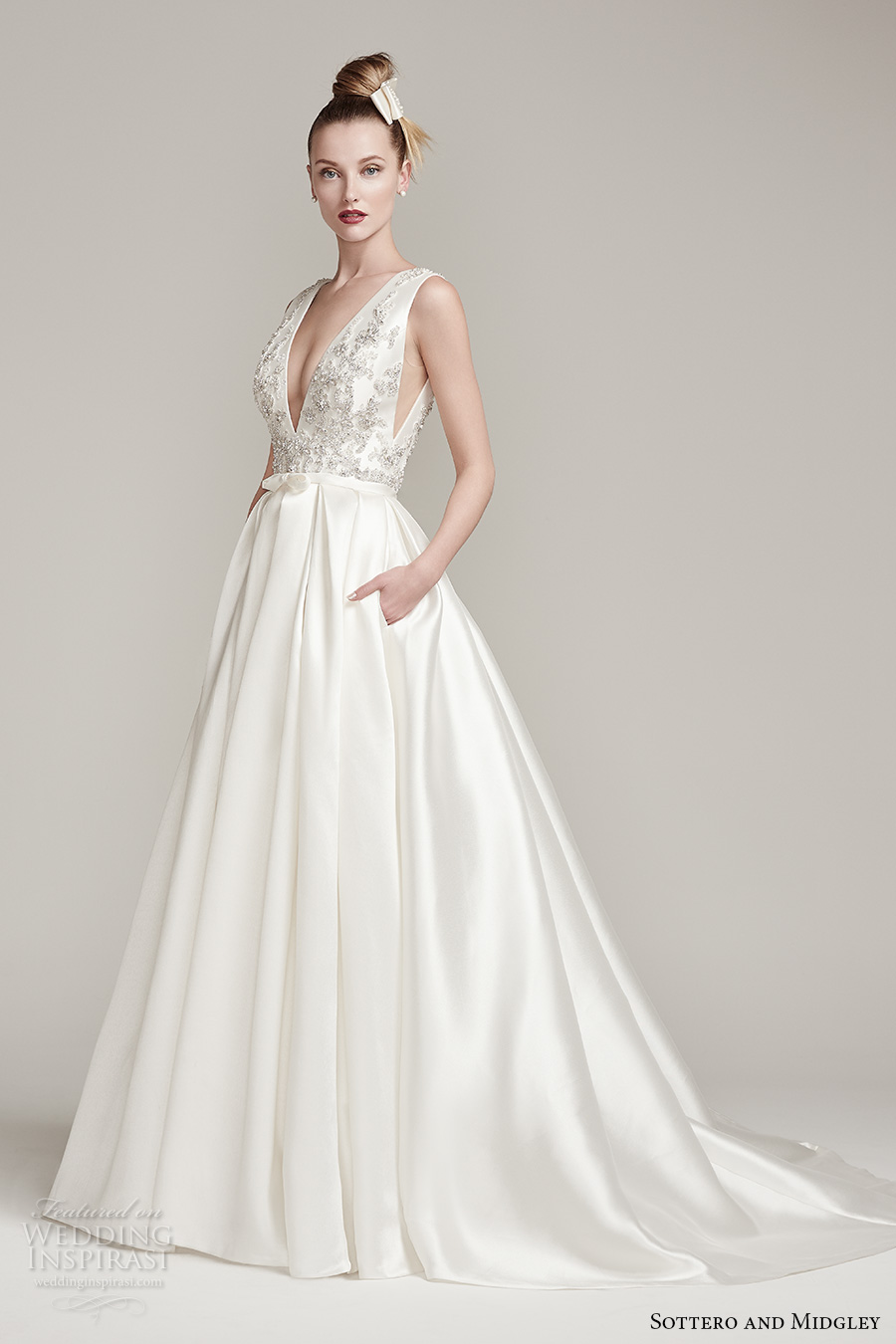 sottero midgley fall 2016 bridal sleeveless deep plunging v neck heavily embellished bodice sexy a  line wedding dress with pocket v back sweep train (margot) mv