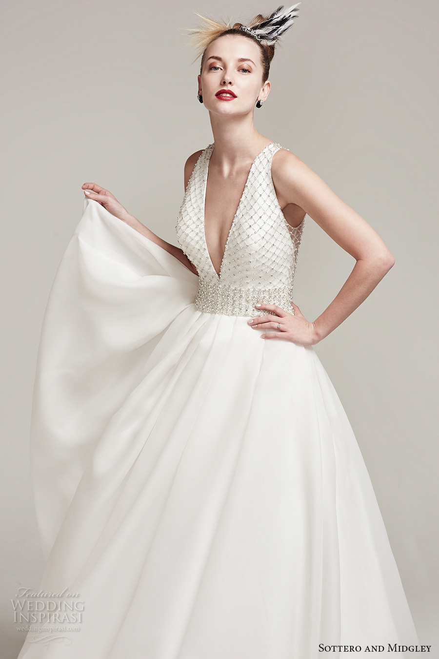 sottero midgley fall 2016 bridal sleeveless deep plunging v neck heavily embellished bodice sophiscated a  line wedding dress with pockets illusion back chapel train (tamirys) zv