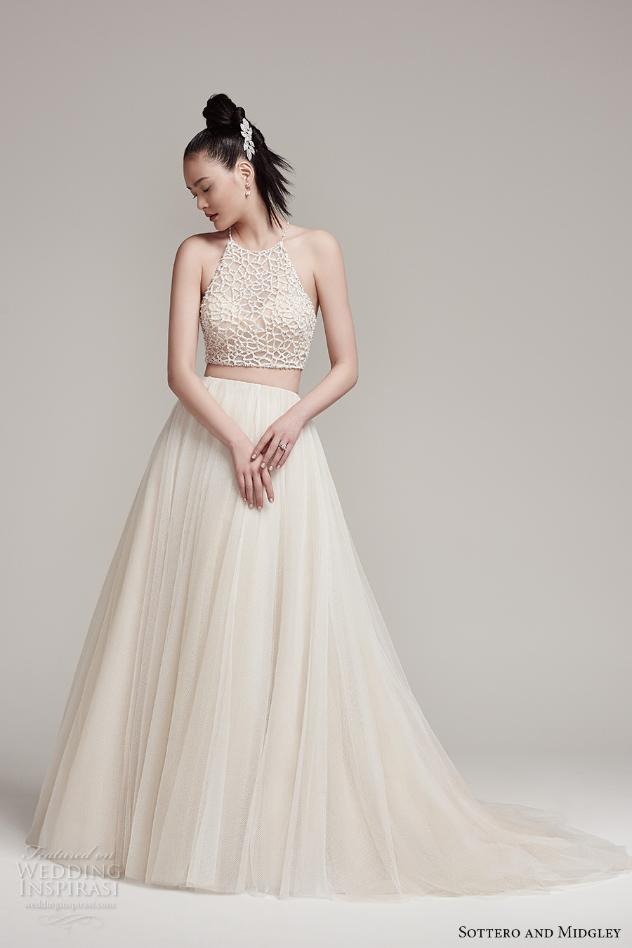 sottero midgley fall 2016 bridal sleeveless halter neck illusion heavily embellished crop top 2 piece pleated skirt cream color a  line wedding dress chapel train (jude top shardea skirt) mv