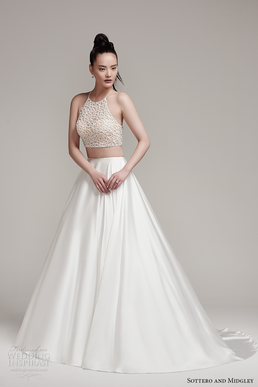 sottero midgley fall 2016 bridal sleeveless halter neck illusion heavily embellished crop top 2 piece satin skirt a  line wedding dress chapel train (jude top aviana skirt) mv