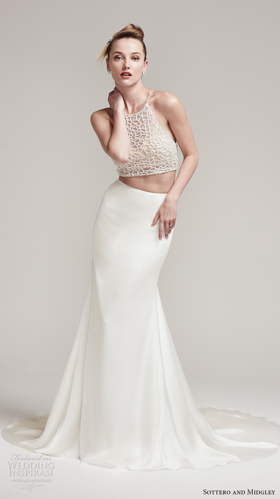 sottero midgley fall 2016 bridal sleeveless halter neck illusion heavily embellished crop top 2 piece satin skirt sheath wedding dress chapel train (jude top alliett skirt) mv