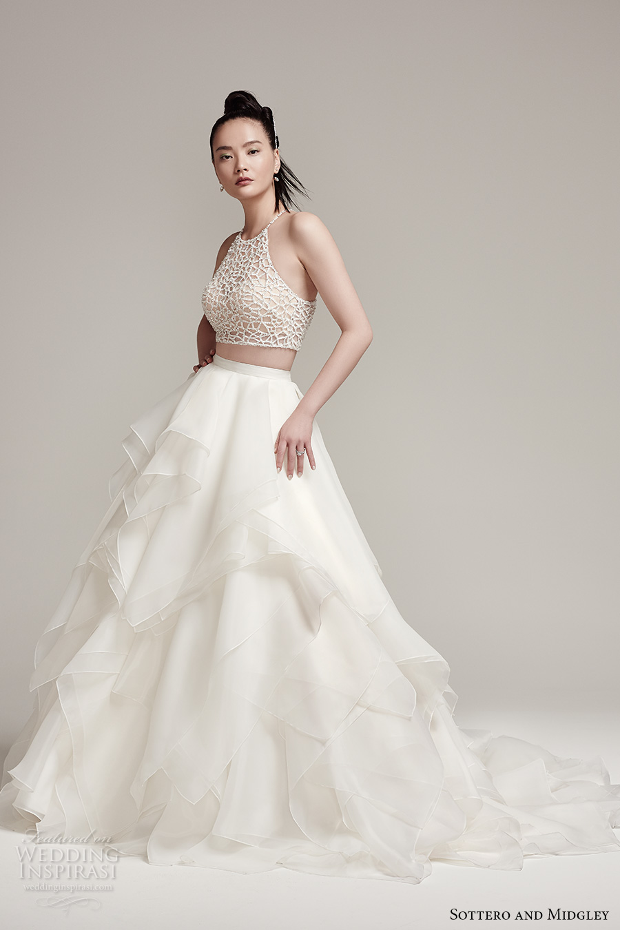 sottero midgley fall 2016 bridal sleeveless halter neck illusion heavily embellished crop top 2 piece tulle tiered skirt a  line wedding dress chapel train (jude top blythe skirt) mv