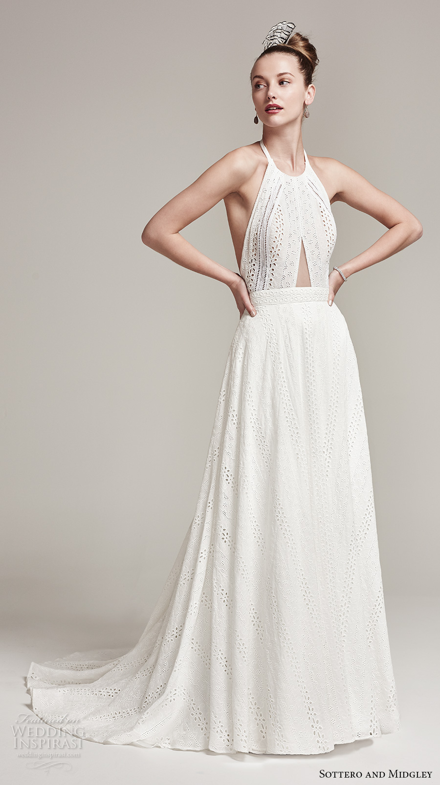 sottero midgley fall 2016 bridal sleeveless halter neck lace embroidered full embellishment bohemian a  line wedding dress open back sweep train (nicole) mv