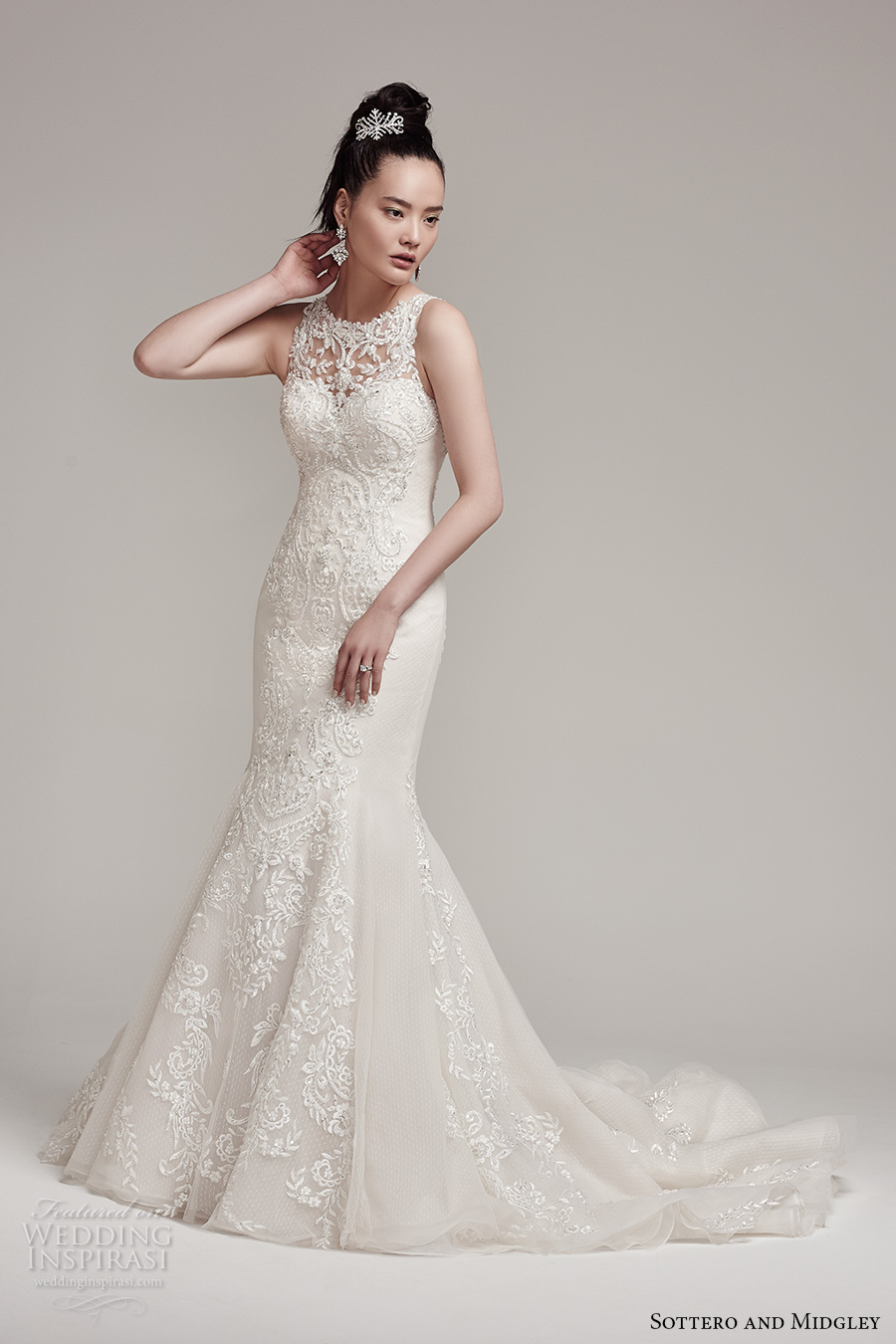 sottero midgley fall 2016 bridal sleeveless illusion jewel neck sweetheart neckline full embellishment classic elegant mermaid wedding dress illusion back chapel train (rae) mv