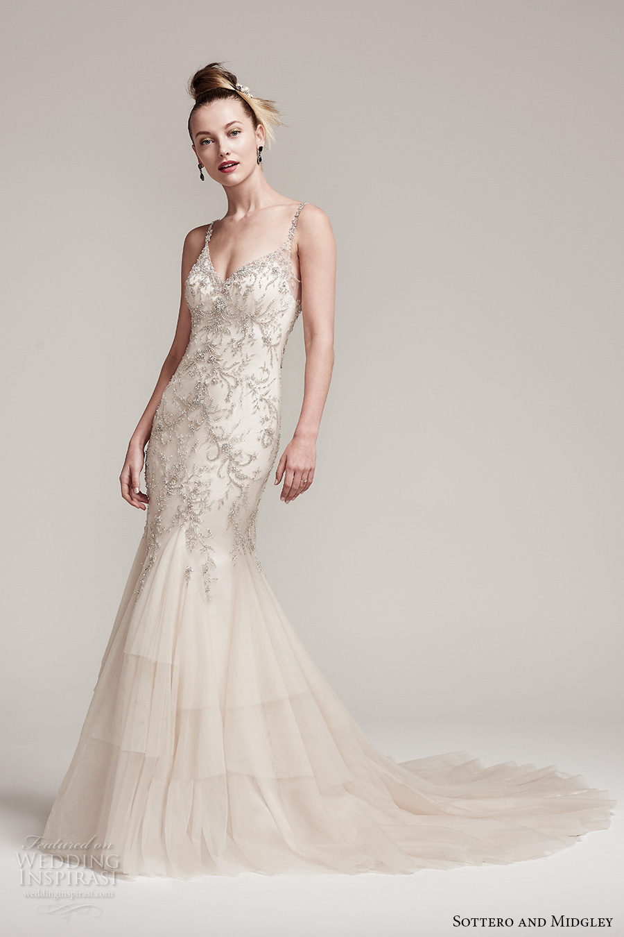 sottero midgley fall 2016 bridal sleeveless spagetti strap v neck heavily embellished bodice elegant glamorous fit and flare wedding dress open back chapel train (erin) mv