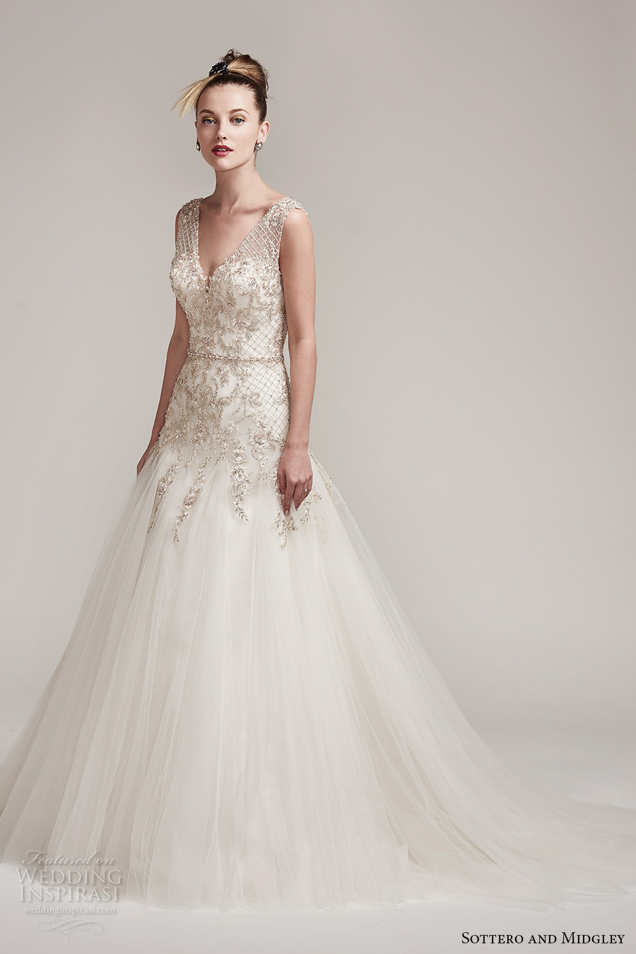 sottero midgley fall 2016 bridal sleeveless v neck heavily embellished bodice metallic embroidered tulle skirt romantic a  line wedding dress v back chapel train (shauntelle) mv