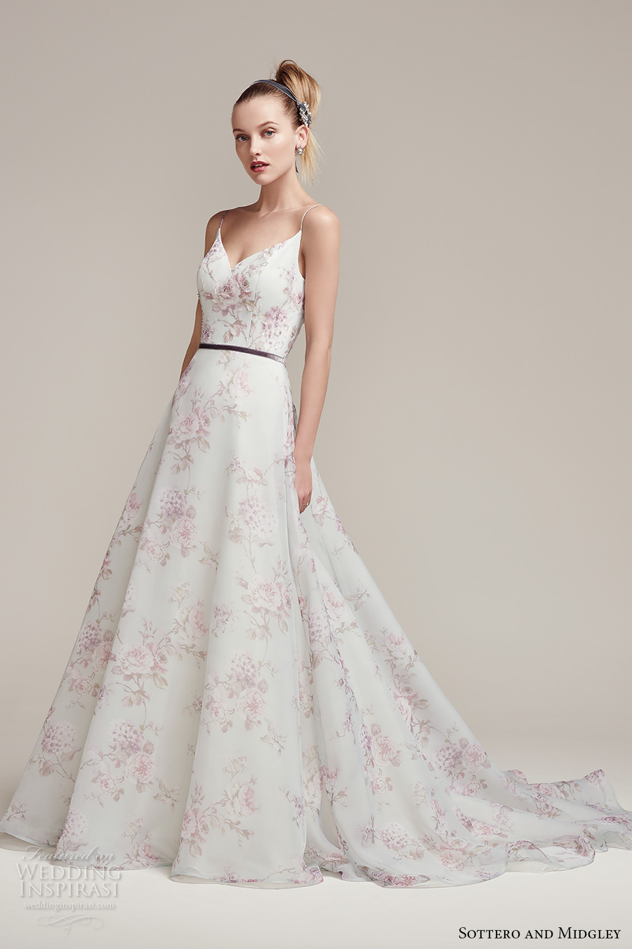 sottero midgley fall 2016 bridal spagetti strap v neck flower prints pretty romantic a  line wedding dress low back chapel train (kira) mv