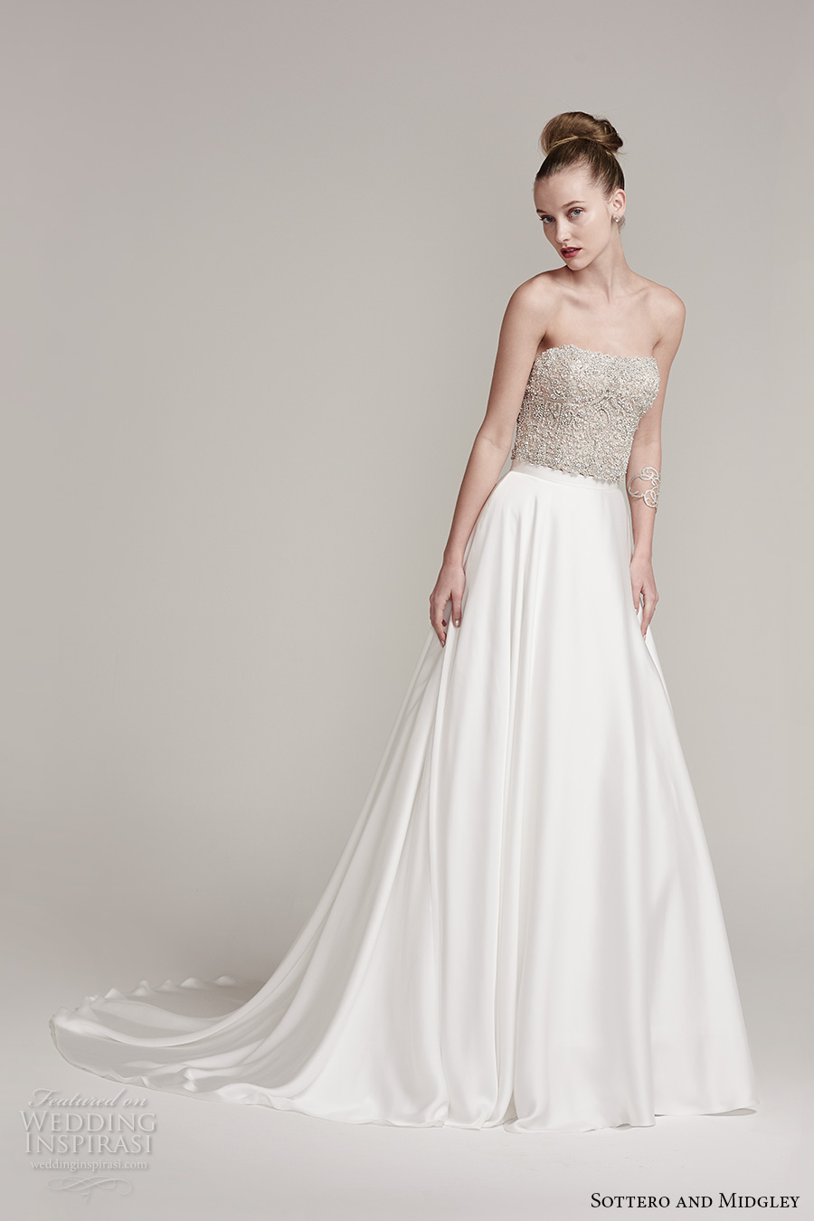 sottero midgley fall 2016 bridal strapless straight across neckline beaded heavily embellished bodice crop top satin skirt a  line wedding dress sweep train (rosella top aviana marie skirt) mv