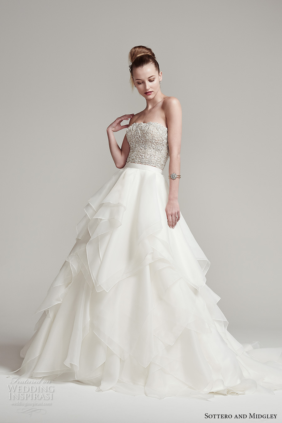 sottero midgley fall 2016 bridal strapless straight across neckline beaded heavily embellished bodice crop top tiered  skirt a  line wedding dress sweep train (rosella top blythe skirt) mv