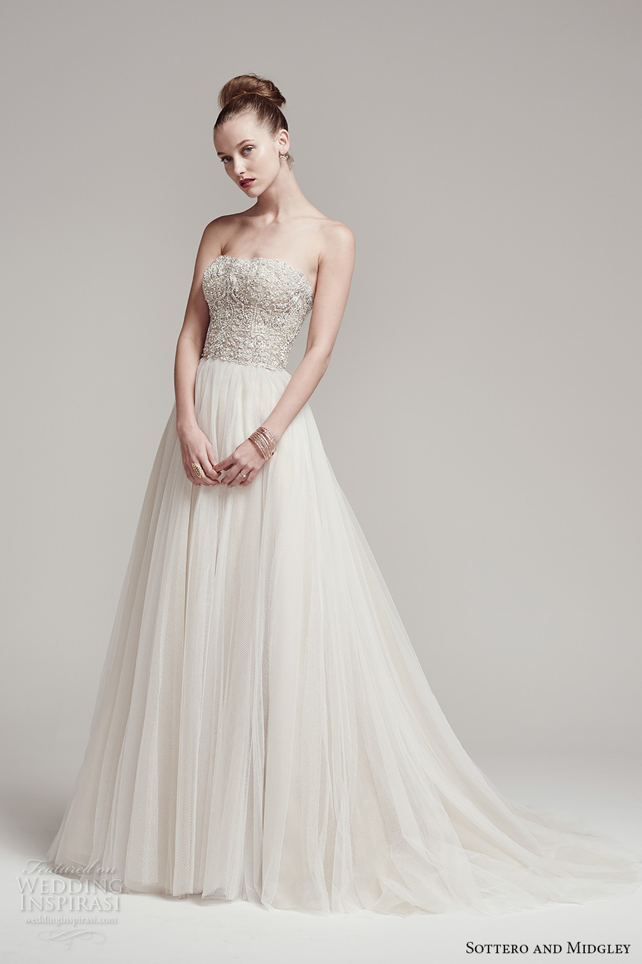 sottero midgley fall 2016 bridal strapless straight across neckline heavily embellished bodice crop top tulle skirt a  line wedding dress sweep train (rosella top shardea skirt) mv