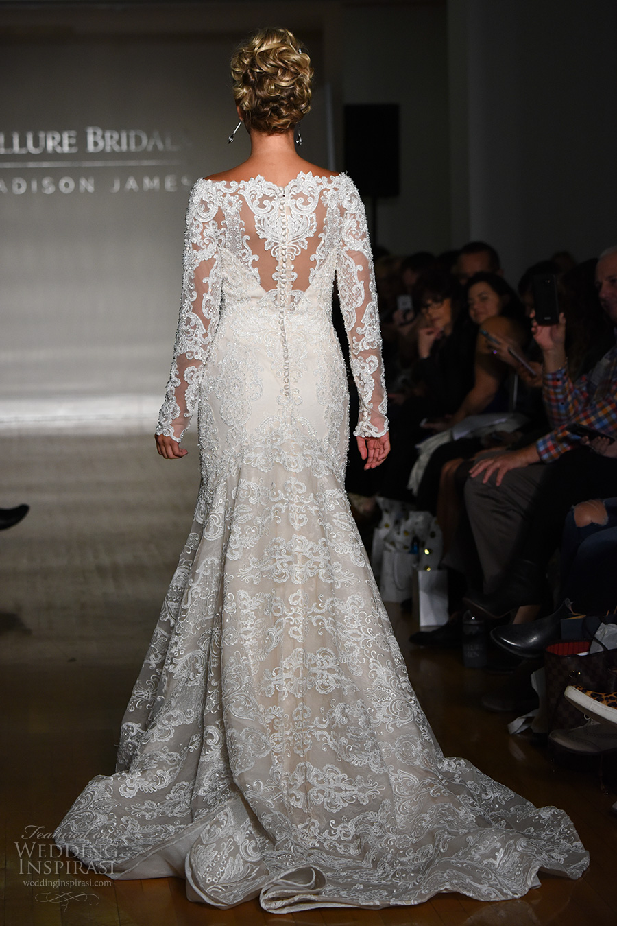 allure bridal maddison james f2017 long sleeves bateau neckline full embellishment fit and flare wedding dress illusion back medium train (030) bv