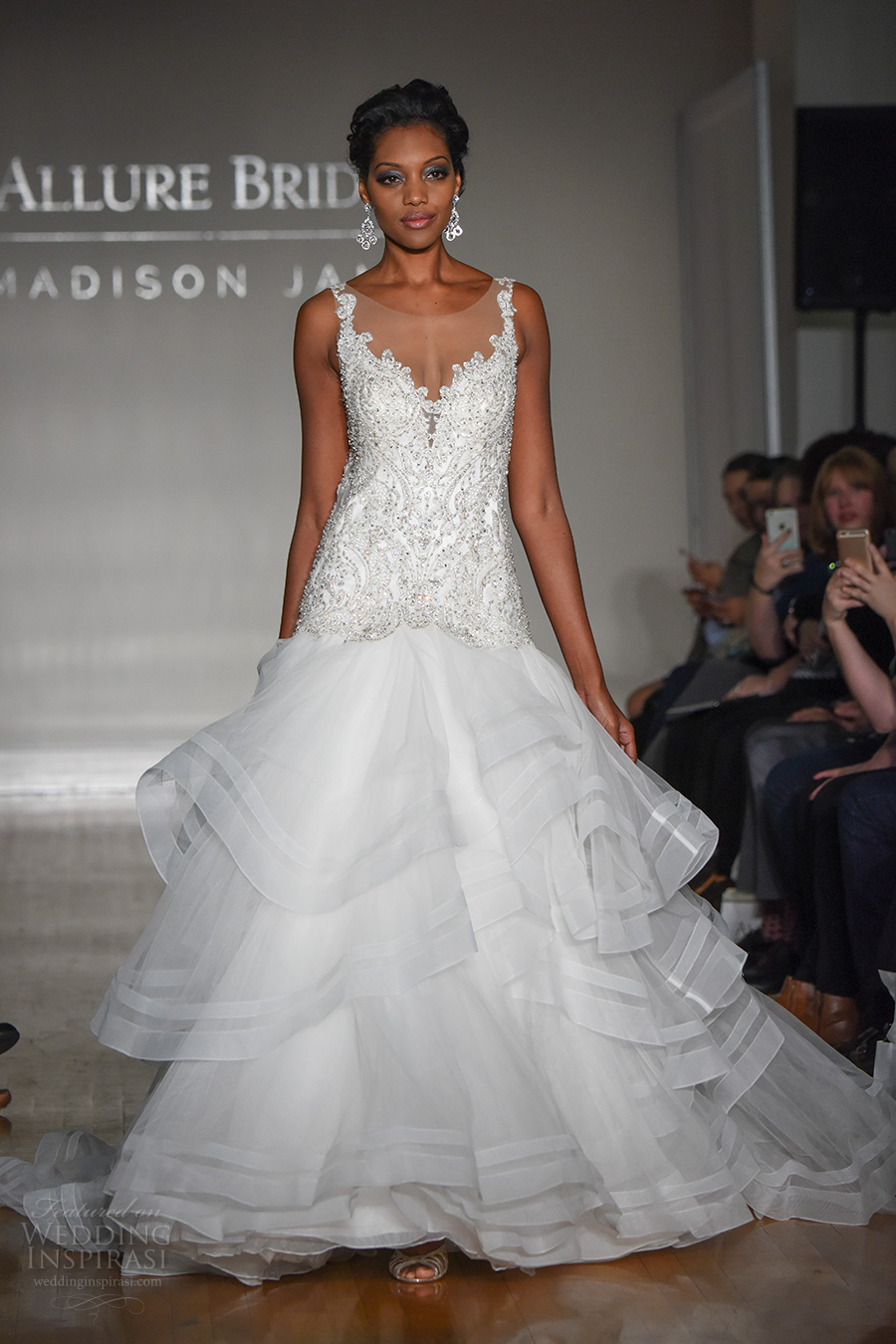 allure bridal maddison james f2017 sleeveless scoop neckline heavily embellished bodice drop waist princess glamorous tiered skirt a  line wedding dress illusion back sweep train (007) mv