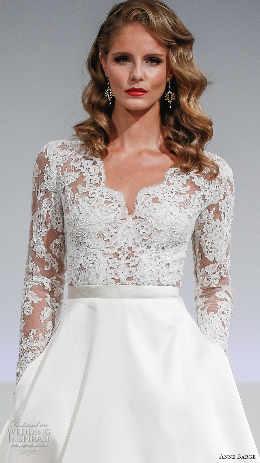 anne barge fall 2017 bridal lace illusion long sleeves v neck heavily embellished bodice top a  line wedding dress pockets lace illusion back sweep train (brooks) zv